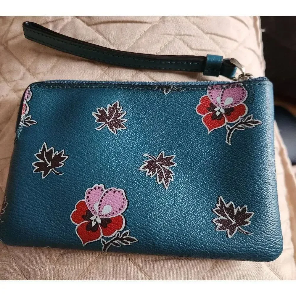 Coach Dark Teal Wristlet with Floral Design EUC (P)